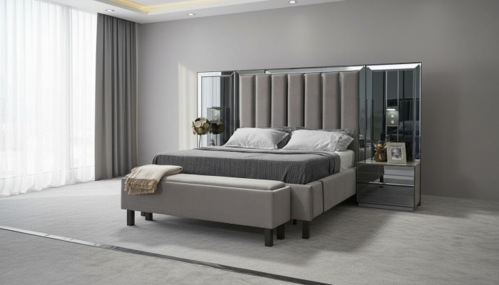 Ensemble de chambre à coucher Lit 2x Table de chevet Tabouret Lits doubles Mobilier rembourré 4 pièces nouveau