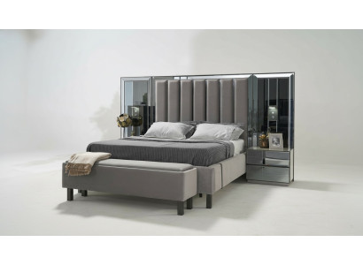 Ensemble de chambre à coucher Lit 2x Table de chevet Tabouret Lits doubles Mobilier rembourré 4 pièces nouveau