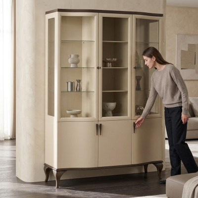 Vitrines Armoire en verre Buffet de luxe Vitrine Salon Beige Bois neuf
