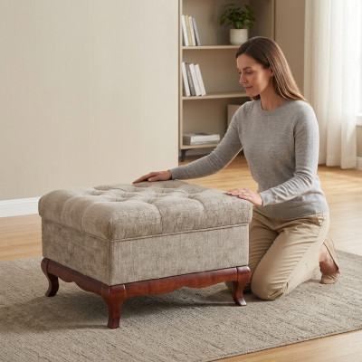 Tabouret Designer Chesterfield Pouf en Tissu Beige Tapisserie Tabouret Tissu