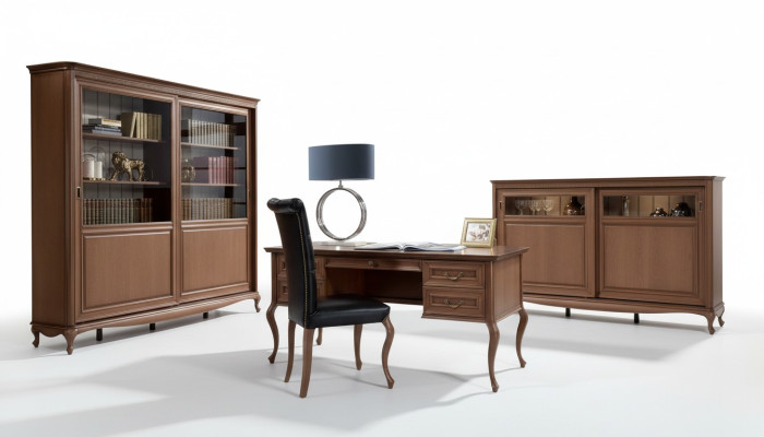 Mobilier de bureau Étagère Bureau Commode Fauteuil Vitrine Ensemble complet de 4 pièces.