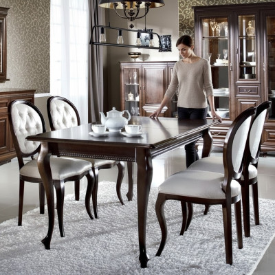 Table à manger en bois brun foncé Chaises Chesterfield en cuir classique Ensemble de 5 pièces design