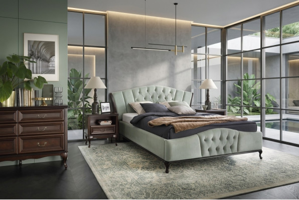 Lit Chesterfield vert avec lits en bois de chambre à coucher Royal