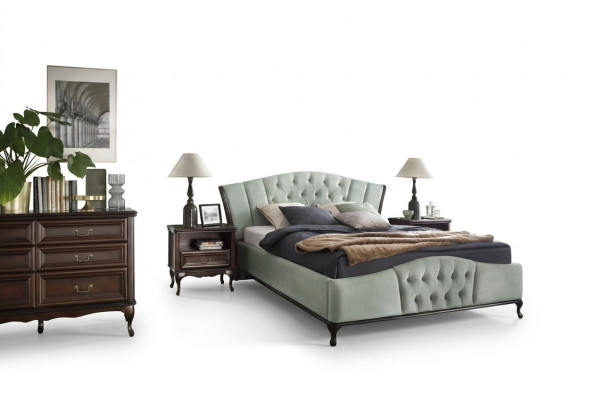Lit Chesterfield vert avec lits en bois de chambre à coucher Royal