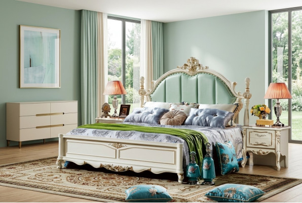 Chambre classique Lit mobilier Bois Lits en cuir Baroque Rococo