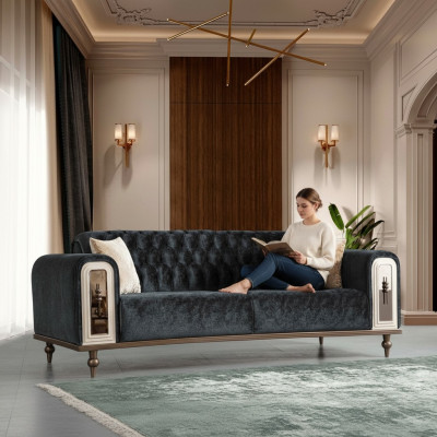 Luxueux canapé trois places en tissu beige et noir de design.
