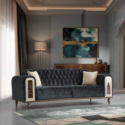 Luxueux canapé trois places en tissu beige et noir de design.
