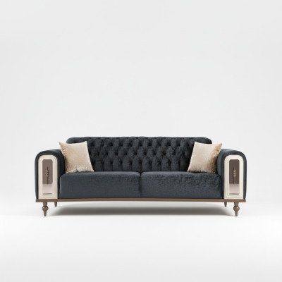 Luxueux canapé trois places en tissu beige et noir de design.