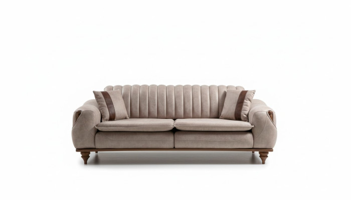 Canapé Chesterfield trois places beige en tissu d'ameublement.