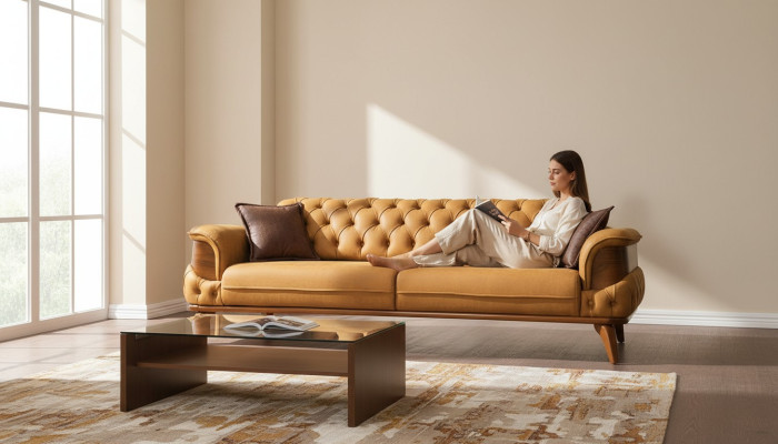 Trois canapés en cuir à trois places, canapés de luxe Chesterfield de style occidental jaune des États-Unis.
