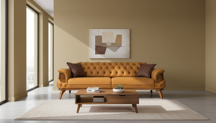 Trois canapés en cuir à trois places, canapés de luxe Chesterfield de style occidental jaune des États-Unis.