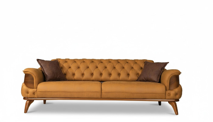 Trois canapés en cuir à trois places, canapés de luxe Chesterfield de style occidental jaune des États-Unis.