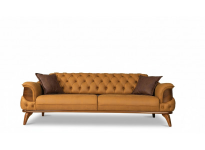 Trois canapés en cuir à trois places, canapés de luxe Chesterfield de style occidental jaune des États-Unis.