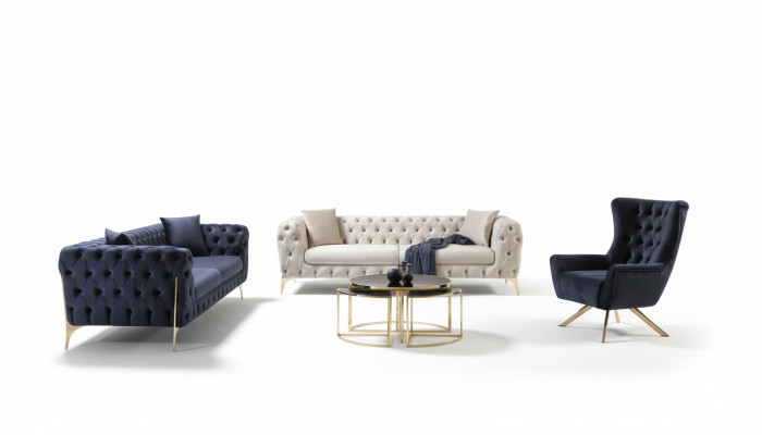 Ensemble de canapé Canapé bleu Canapés de luxe Fauteuil 3+3+1 places Design Chesterfield en velours