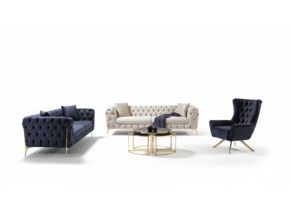 Ensemble de canapé Canapé bleu Canapés de luxe Fauteuil 3+3+1 places Design Chesterfield en velours