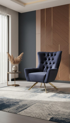 Luxueux fauteuil Chesterfield bleu avec revêtement en velours pour le salon