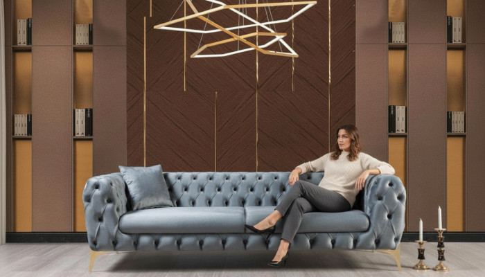 Canapé trois places Chesterfield de luxe Canapés trois places Gris Canapés Velours neufs