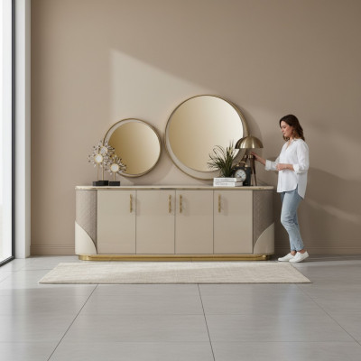 Sideboard 2x Miroir Salon Design Meubles de Luxe Console Lowboard Beige