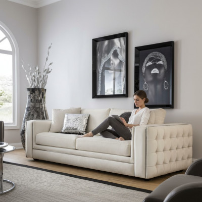 Canapé classique Chesterfield trois places de luxe Beige 3 places Sofa