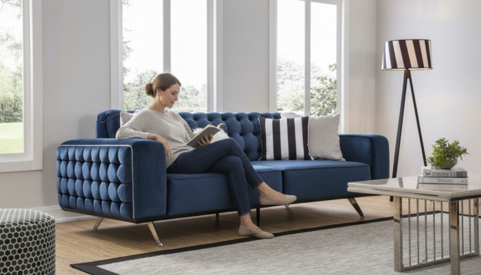 Canapé Chesterfield trois places classique de luxe bleu