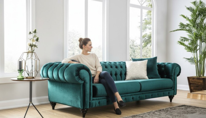Canapé de luxe Chesterfield classique trois places, canapés verts à 3 places