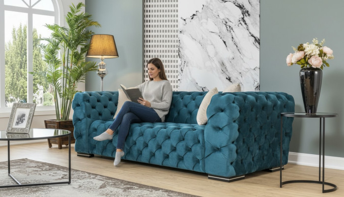Canapé Chesterfield 4 places Design Salon Rembourrage en tissu Bois Rembourrage Luxe Bleu