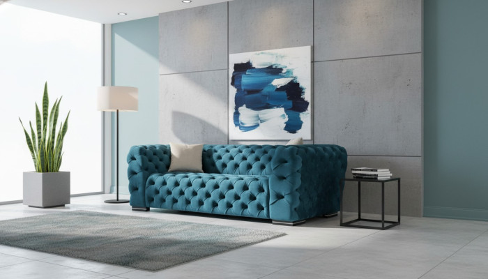 Canapé Chesterfield 4 places Design Salon Rembourrage en tissu Bois Rembourrage Luxe Bleu
