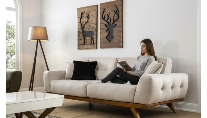 Canapé-classique 2 places Design Salon Tapisserie Bois Cuir Moderne Luxe Beige