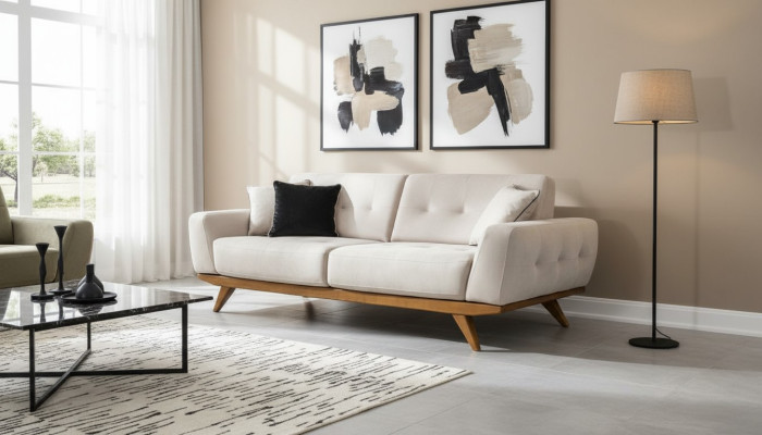 Canapé-classique 2 places Design Salon Tapisserie Bois Cuir Moderne Luxe Beige