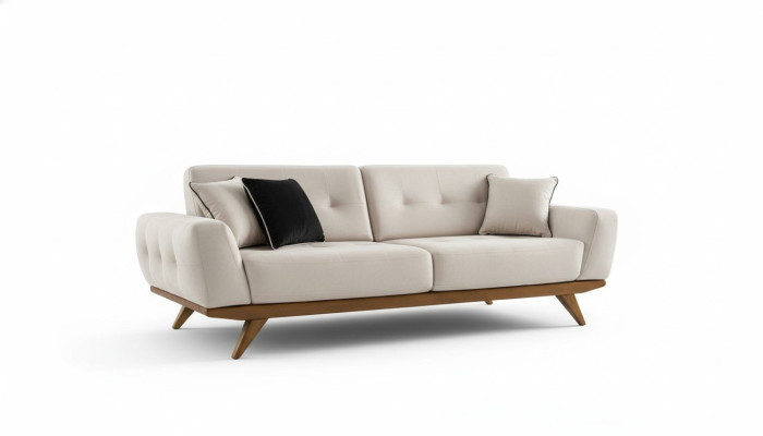 Canapé-classique 2 places Design Salon Tapisserie Bois Cuir Moderne Luxe Beige