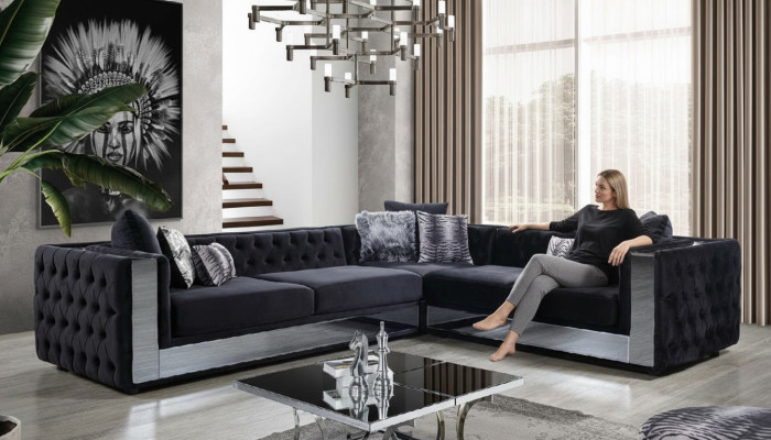 Canapé en cuir Chesterfield noir Canapé d'angle en suite Canapé en cuir de luxe.