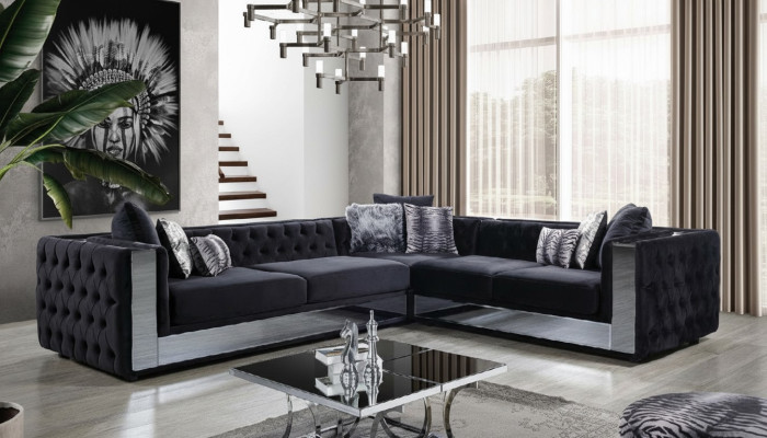 Canapé en cuir Chesterfield noir Canapé d'angle en suite Canapé en cuir de luxe.