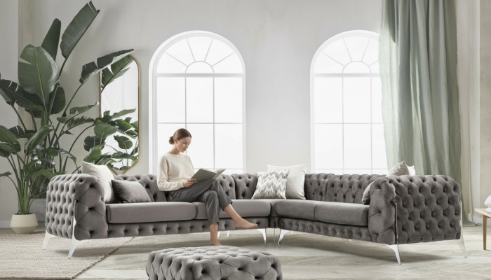 Canapé Chesterfield gris rembourré Ensemble de canapés en coin Suite Tapisserie Canapés d'angle de luxe neufs