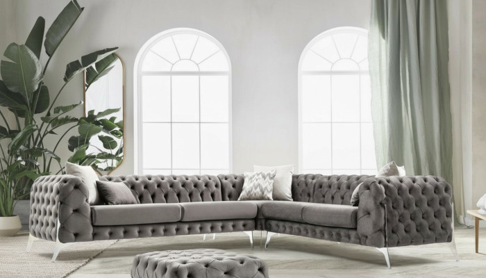 Canapé Chesterfield gris rembourré Ensemble de canapés en coin Suite Tapisserie Canapés d'angle de luxe neufs