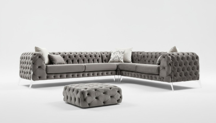 Canapé Chesterfield gris rembourré Ensemble de canapés en coin Suite Tapisserie Canapés d'angle de luxe neufs