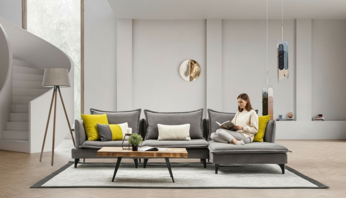 Canapé Chesterfield gris rembourré Suite de canapé d'angle Canapé d'angle de luxe en tissu