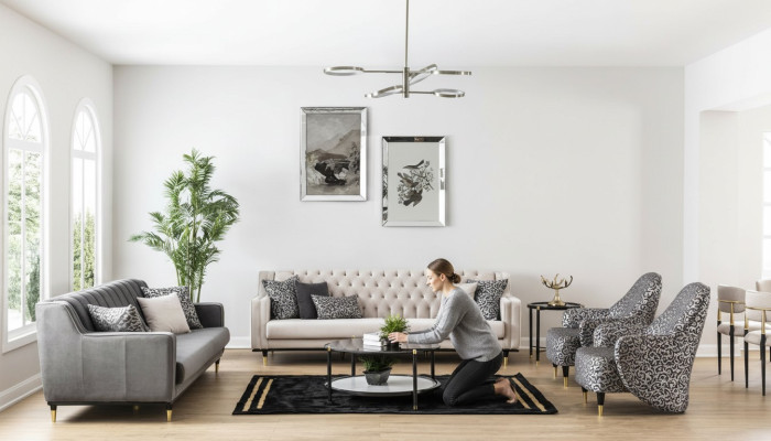 Ensemble de suite de luxe composé d'un canapé 5 pièces 3+3+1+1 places, d'une table basse et d'un fauteuil.