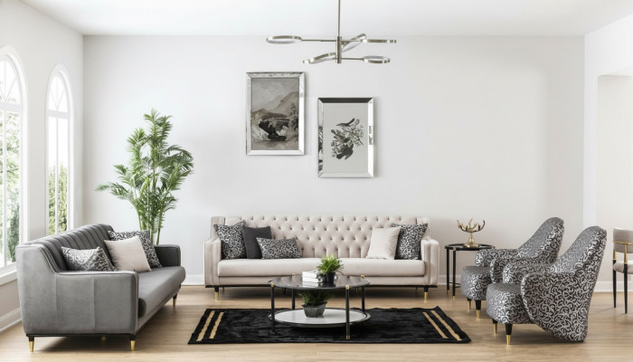 Ensemble de suite de luxe composé d'un canapé 5 pièces 3+3+1+1 places, d'une table basse et d'un fauteuil.
