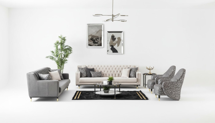 Ensemble de suite de luxe composé d'un canapé 5 pièces 3+3+1+1 places, d'une table basse et d'un fauteuil.
