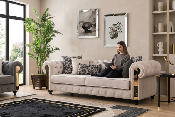 Canapé Chesterfield 3 places Design Salon Rembourrage Bois Cuir Moderne Luxe