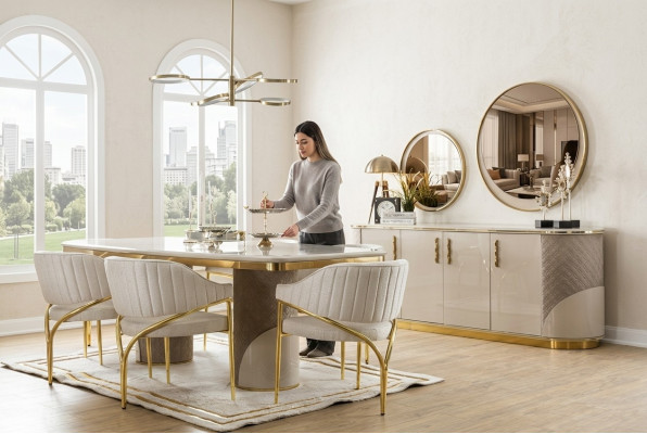 Ensemble de salle à manger 10 pièces. Suite de luxe Table 6x Chaise Buffet Miroir Mobilier Bois