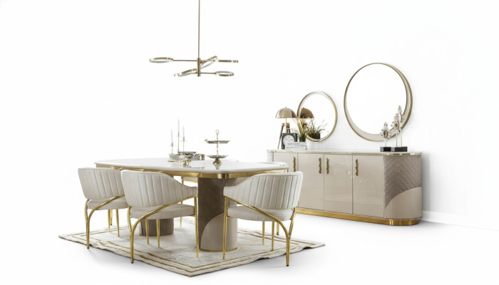 Ensemble de salle à manger 10 pièces. Suite de luxe Table 6x Chaise Buffet Miroir Mobilier Bois