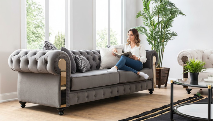 Salon de luxe Sofa 3 places Trois places Gris Chesterfield Canapés Classiques