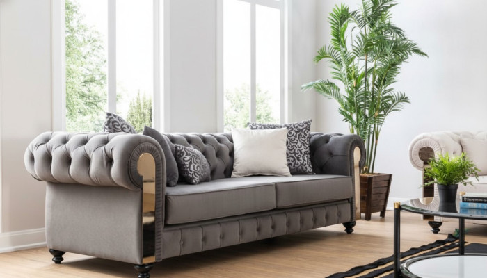 Salon de luxe Sofa 3 places Trois places Gris Chesterfield Canapés Classiques