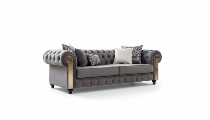 Salon de luxe Sofa 3 places Trois places Gris Chesterfield Canapés Classiques