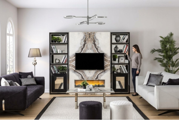 Unité murale de luxe pour salon avec téléviseur, armoire, murs en imitation marbre noir de 270 cm.