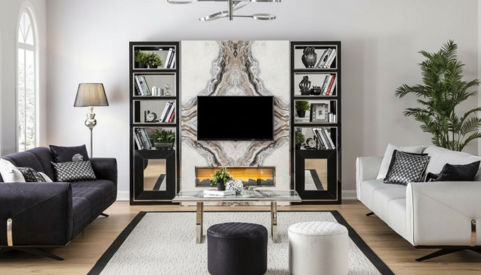 Unité murale de luxe pour salon avec téléviseur, armoire, murs en imitation marbre noir de 270 cm.