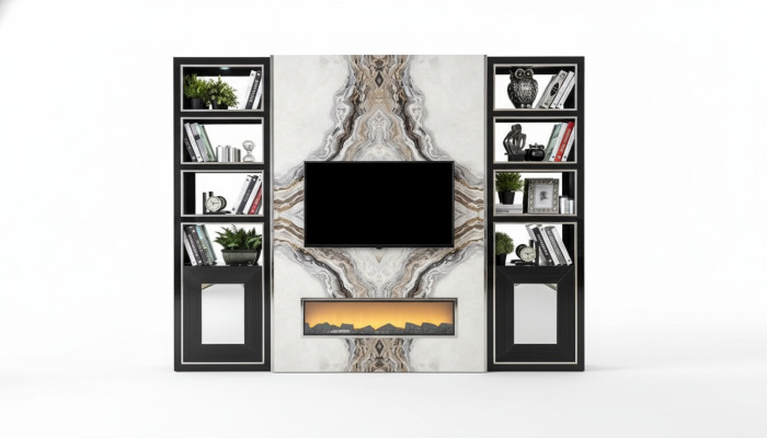 Unité murale de luxe pour salon avec téléviseur, armoire, murs en imitation marbre noir de 270 cm.