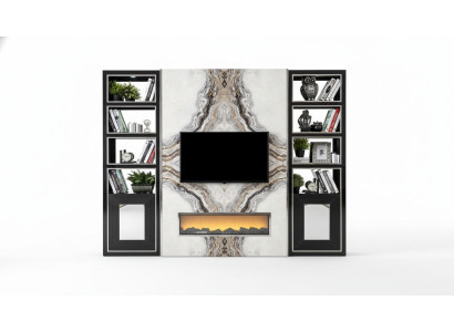 Unité murale de luxe pour salon avec téléviseur, armoire, murs en imitation marbre noir de 270 cm.