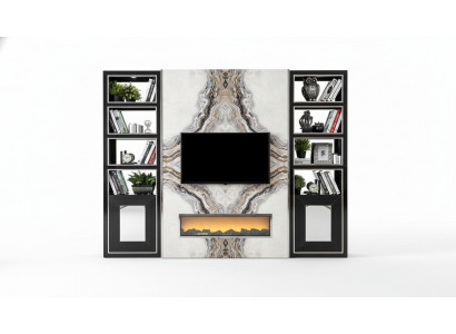 Unité murale de luxe pour salon avec téléviseur, armoire, murs en imitation marbre noir de 270 cm.